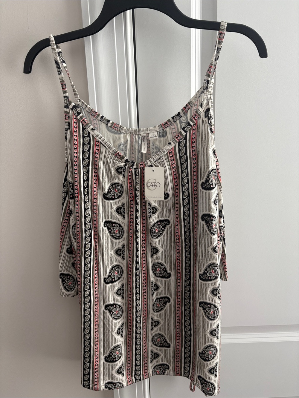 Cato Cream Paisley-Striped Cold Shoulder Cami with Pink & Black Accents